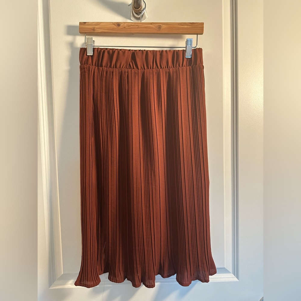 Pleione Pleated Burnt Orange Rust Brown Midi Skirt